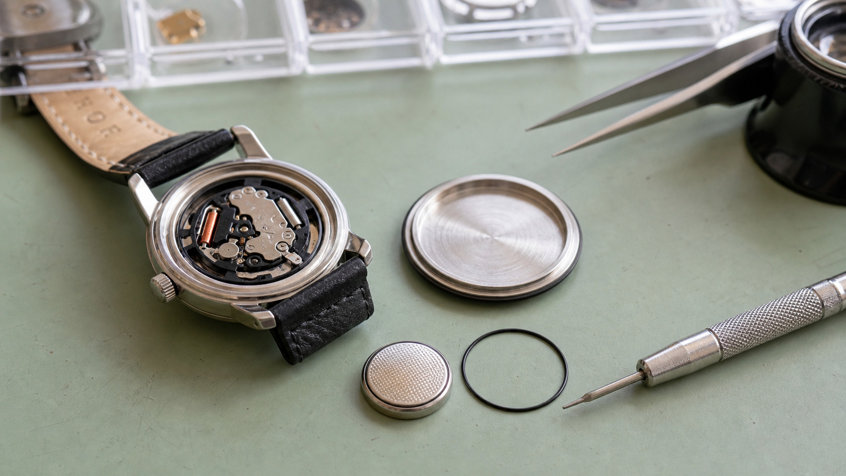 Fond de montre ouvert avec pile bouton, joint et outil d'horloger