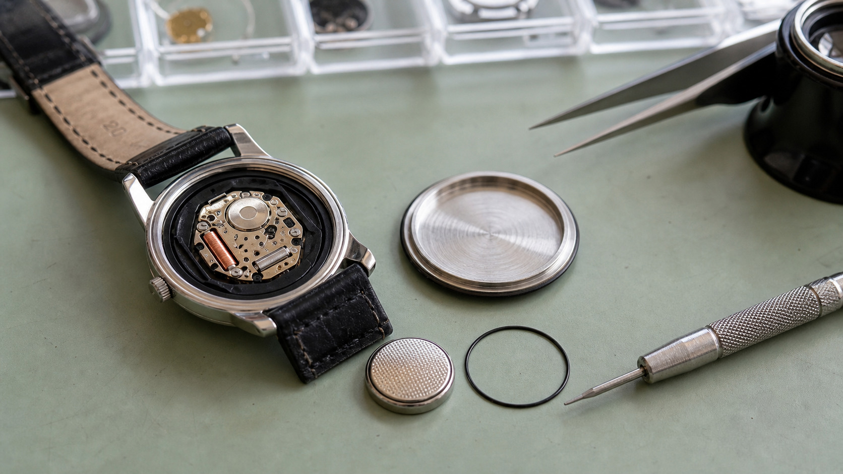 Montre à quartz ouverte avec pile bouton, joint et petit mouvement électronique