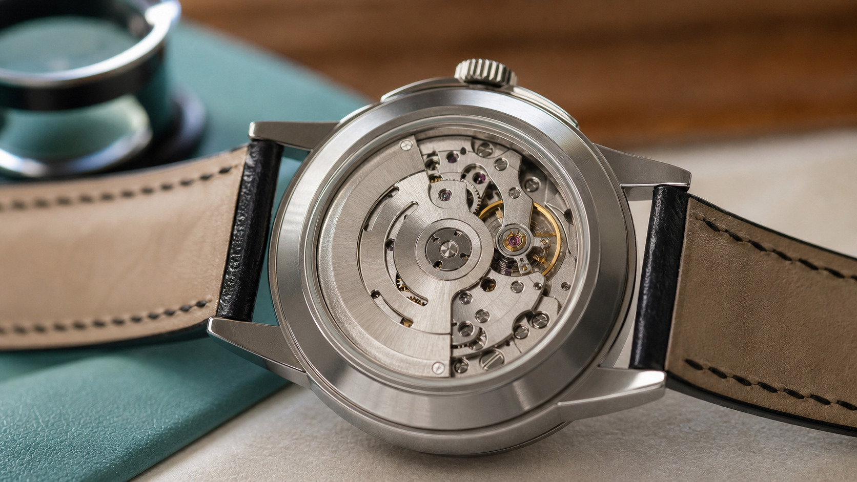 Fond transparent d'une montre automatique montrant le rotor et le mouvement